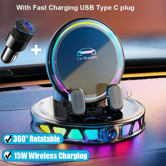 RGB lighting car phone holder (with automatic clamping function), supports wireless charging of mobile phones.
