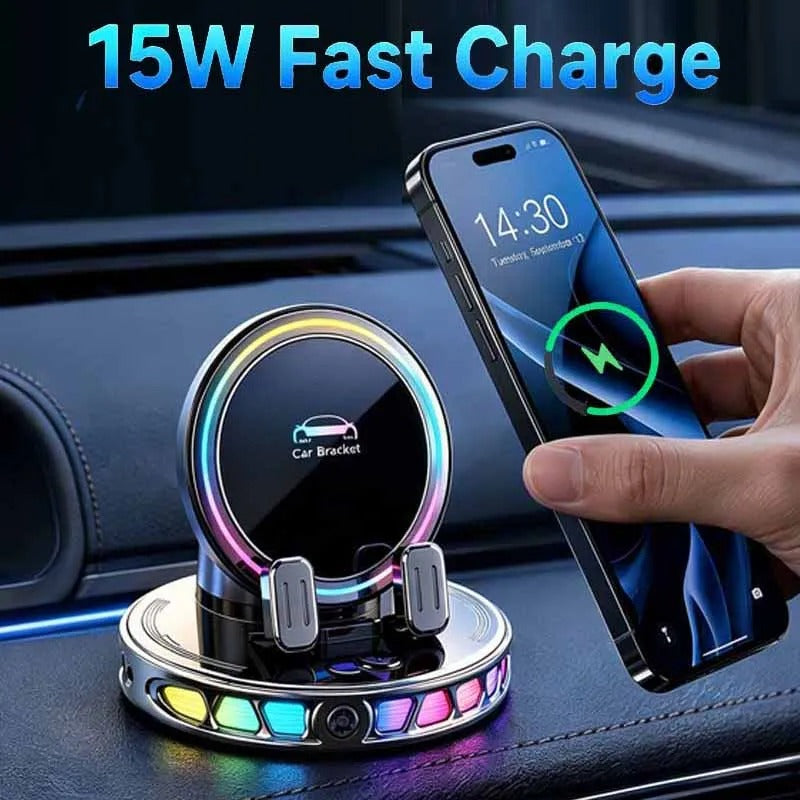 RGB lighting car phone holder (with automatic clamping function), supports wireless charging of mobile phones.