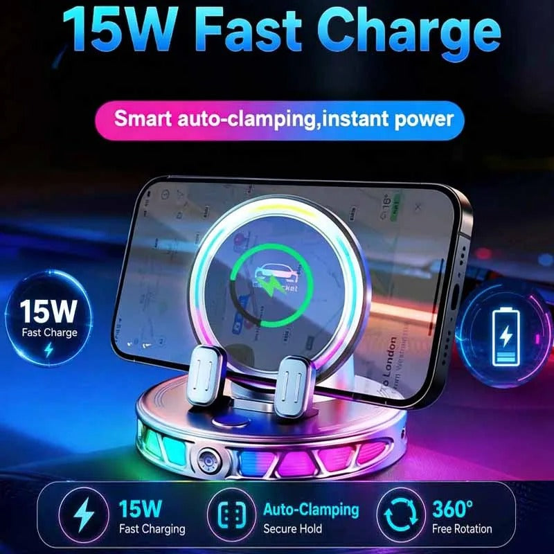 RGB lighting car phone holder (with automatic clamping function), supports wireless charging of mobile phones.