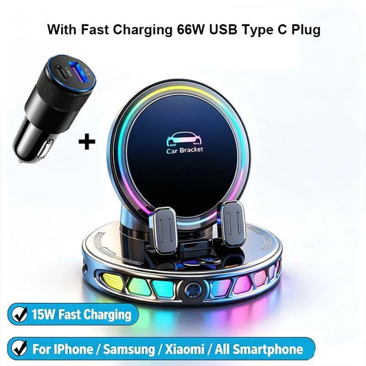 RGB lighting car phone holder (with automatic clamping function), supports wireless charging of mobile phones.